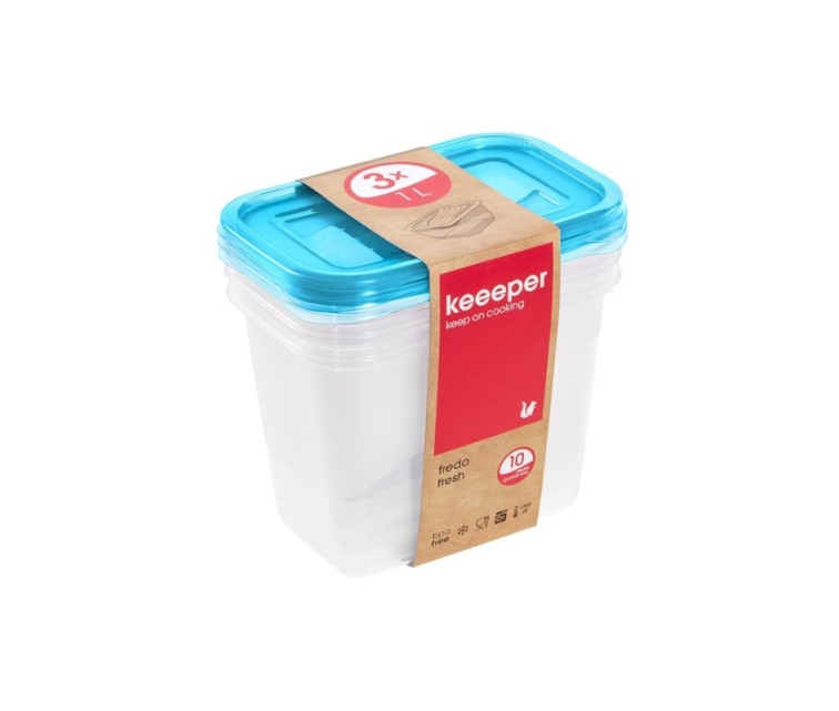 Set of food containers rectangular 3x1L Fredo "Fresh" transparent/light blue